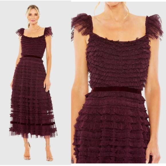Mac Duggal 8054 Purple Amethyst 4 Ruffle Cap Sleeve Tiered Midi Gown Dress - Picture 1 of 16